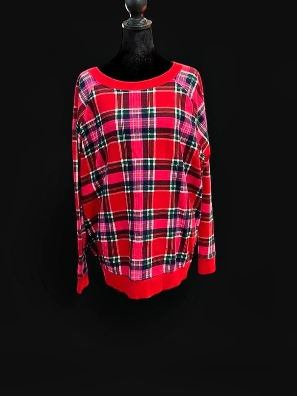Crown & Ivy Plaid Sweatshirt with Bow Tie Keyhole Back Red & Pink 2X